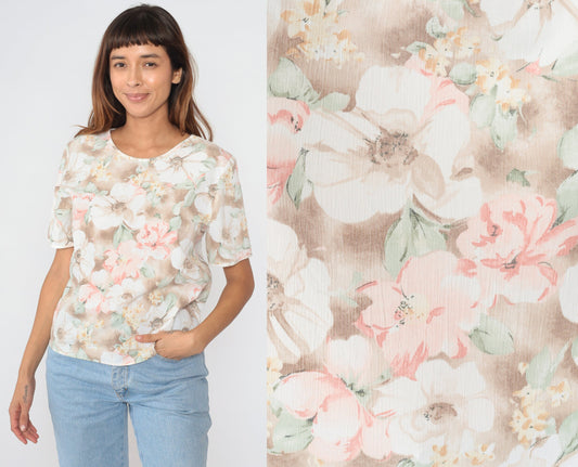 90s Muted Floral Blouse Watercolor Print Short Sleeve Top Small