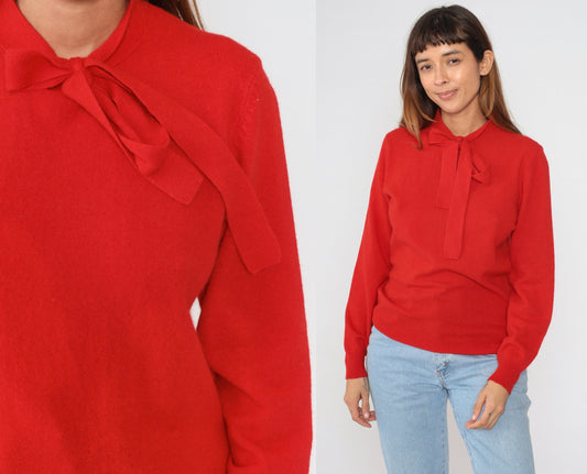 90s Halston Red Wool Angora Blend Sweater Bow Tie Neckline Medium M
