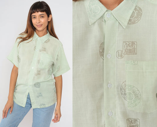 90s Quiksilver Medallion Print Button-Up Shirt Green Semi-Sheer Large L