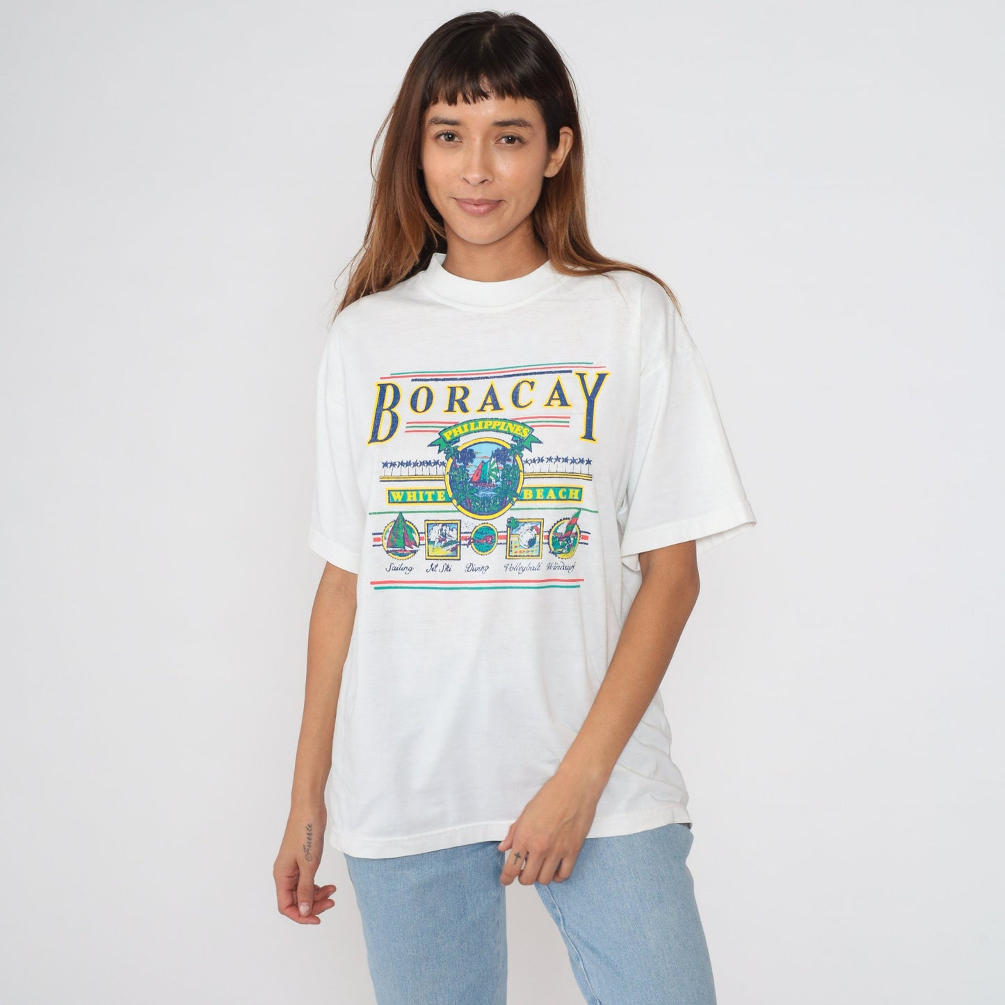90s Boracay Philippines Swaze Graphic T-Shirt Sailboat Cotton Extra Large