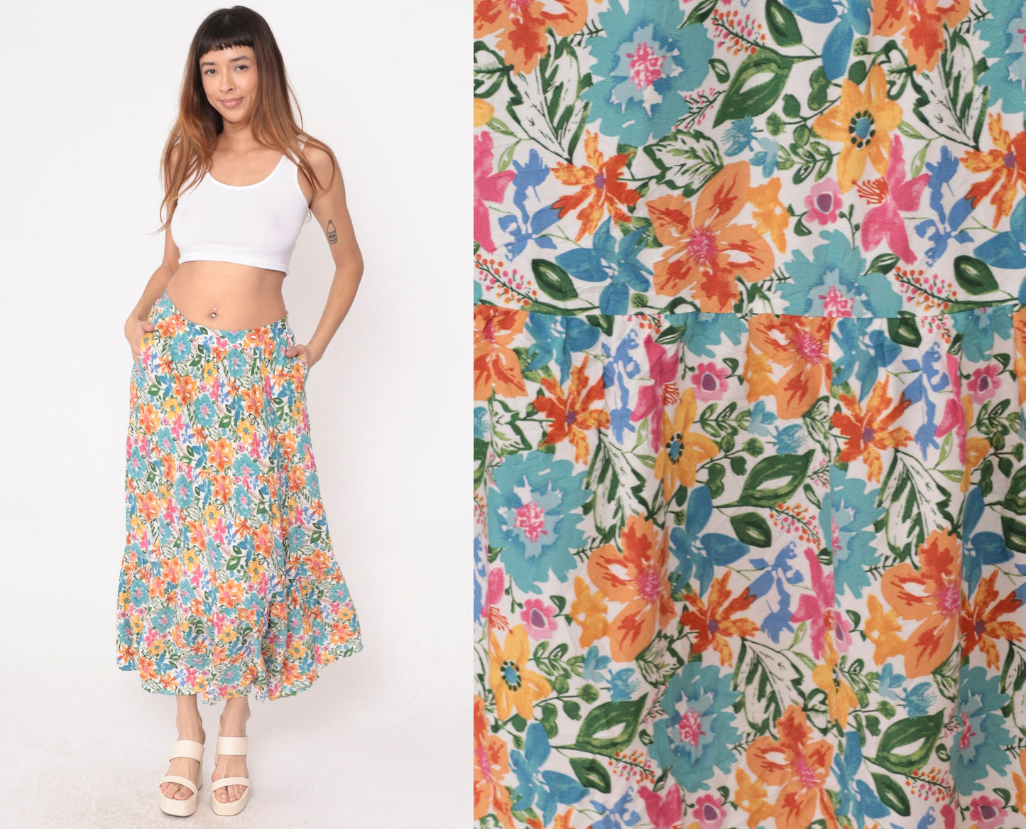 00s Cynthia Rowley Tiered Floral Maxi Skirt Blue Orange Pink Small