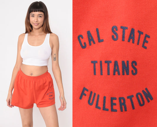 Cal State Fullerton Titans Orange Gym Shorts 80s Elastic Waist Small Medium