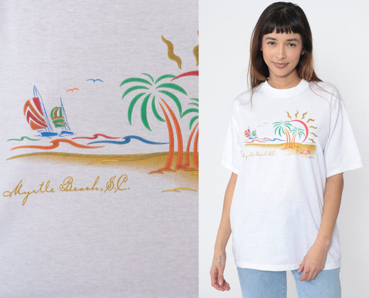 00s Myrtle Beach South Carolina Sailboat Graphic T-Shirt White Cotton Large