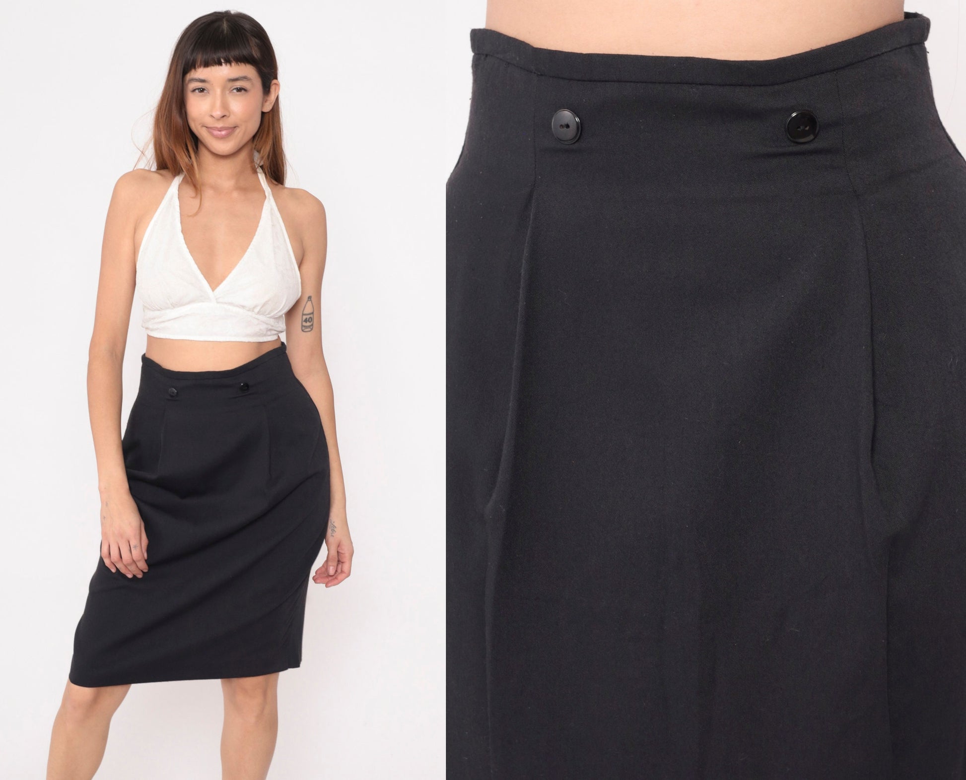 90s Black Pencil Skirt High Waisted Pleated Knee Length Medium