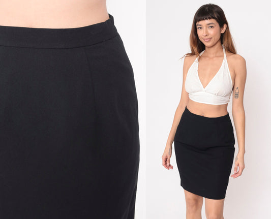 90s Black Mini Pencil Skirt High Waist Straight Cut Medium 8