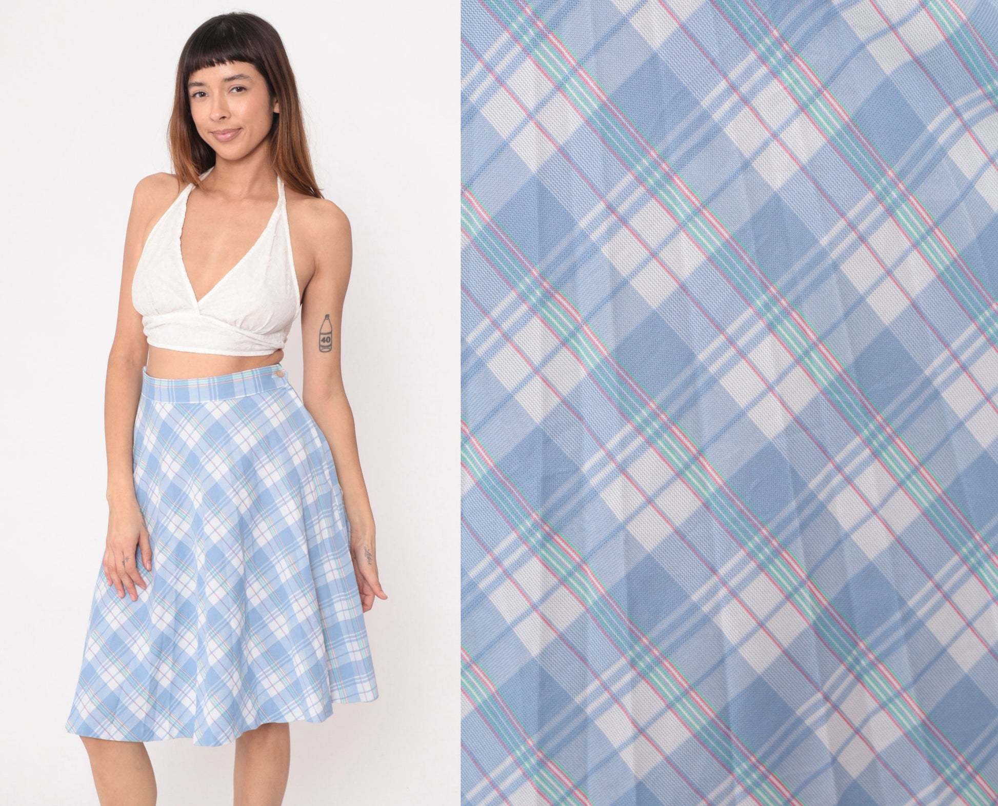 80s Sky Blue White Plaid Midi Skirt High Waist Pleated Small