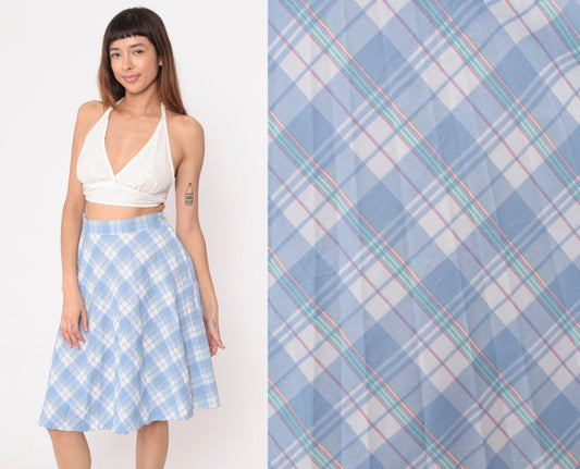 80s Sky Blue White Plaid Midi Skirt High Waist Pleated Small