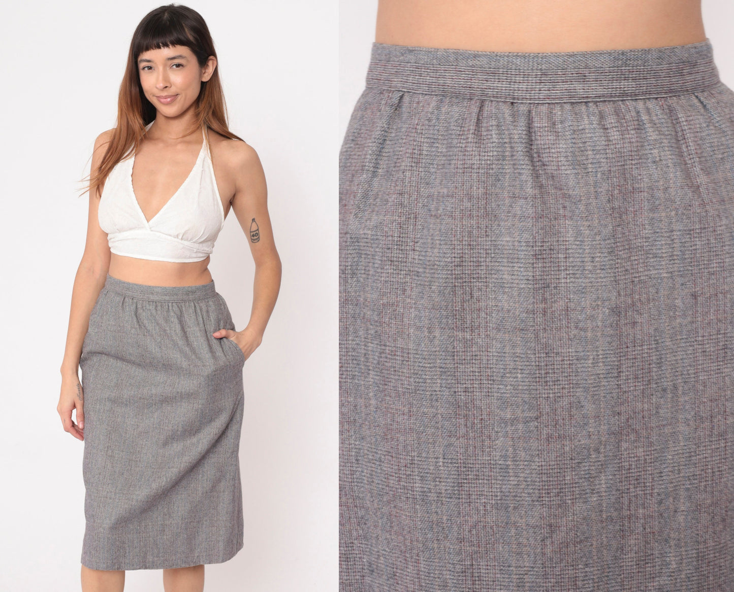 80s Grey Checkered High-Waisted Straight Skirt Pockets Small