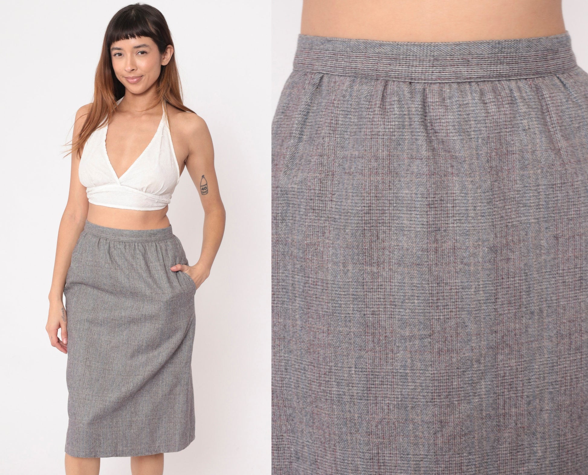 80s Grey Checkered High-Waisted Straight Skirt Pockets Small