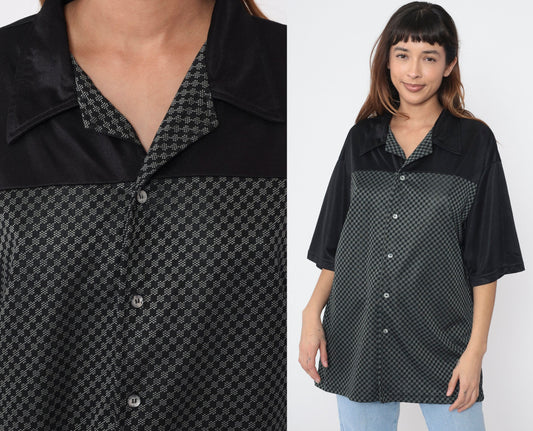 Y2K Black Checkered Button Up Shirt Short Sleeve Men's Extra Large XXL
