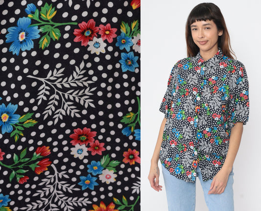 90s Floral Polka Dot Button-Up Blouse Black Rayon Short Sleeve Large L