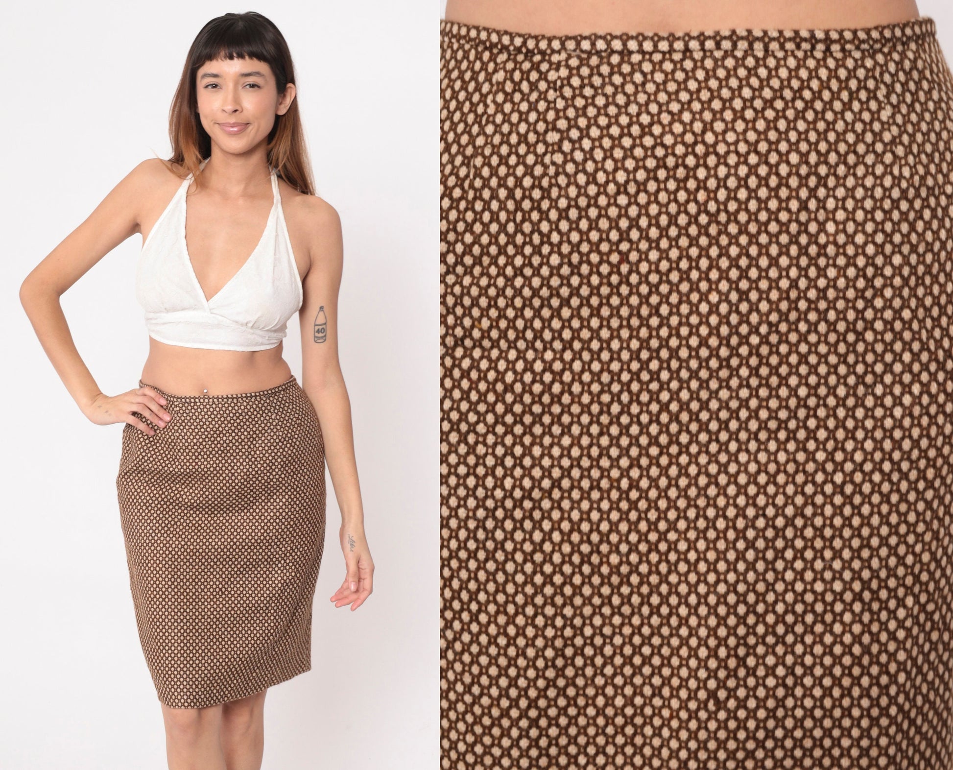 90s LeSuit Petite Brown Knit Skirt Dot Print High Waisted Pencil Small