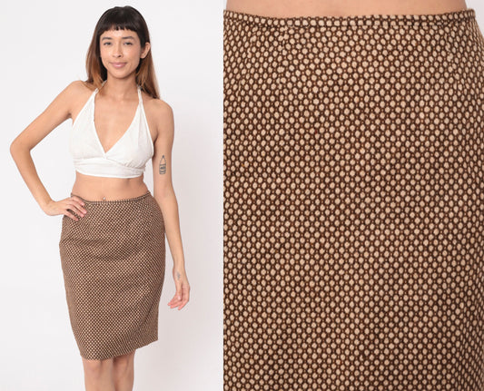 90s LeSuit Petite Brown Knit Skirt Dot Print High Waisted Pencil Small
