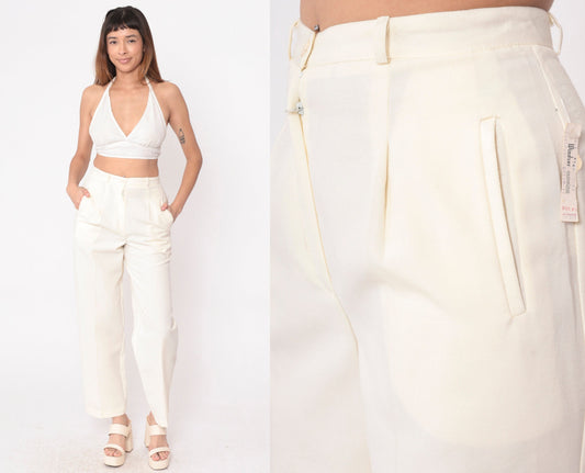 80s Cream High-Waisted Straight Leg Pants Pleated Welt Pockets Small S