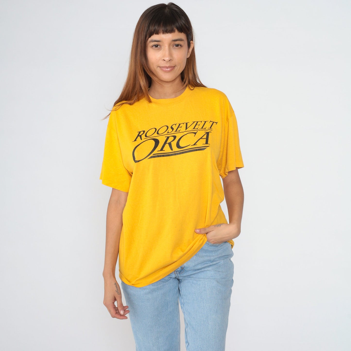 80s Roosevelt Orca Seattle High School Graphic Tee Yellow Single Stitch Large
