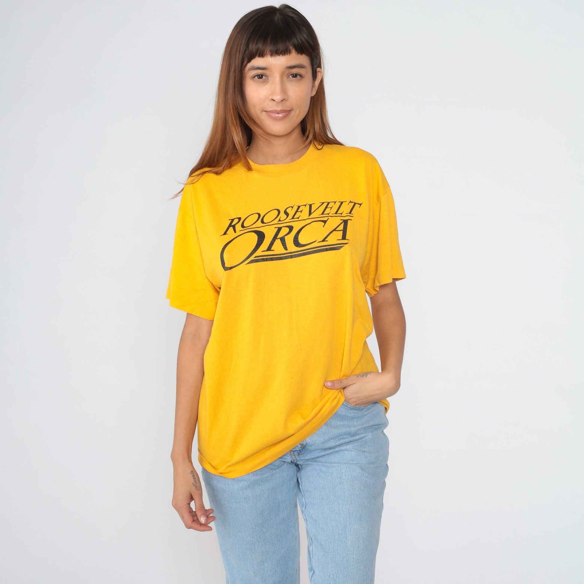 80s Roosevelt Orca Seattle High School Graphic Tee Yellow Single Stitch Large