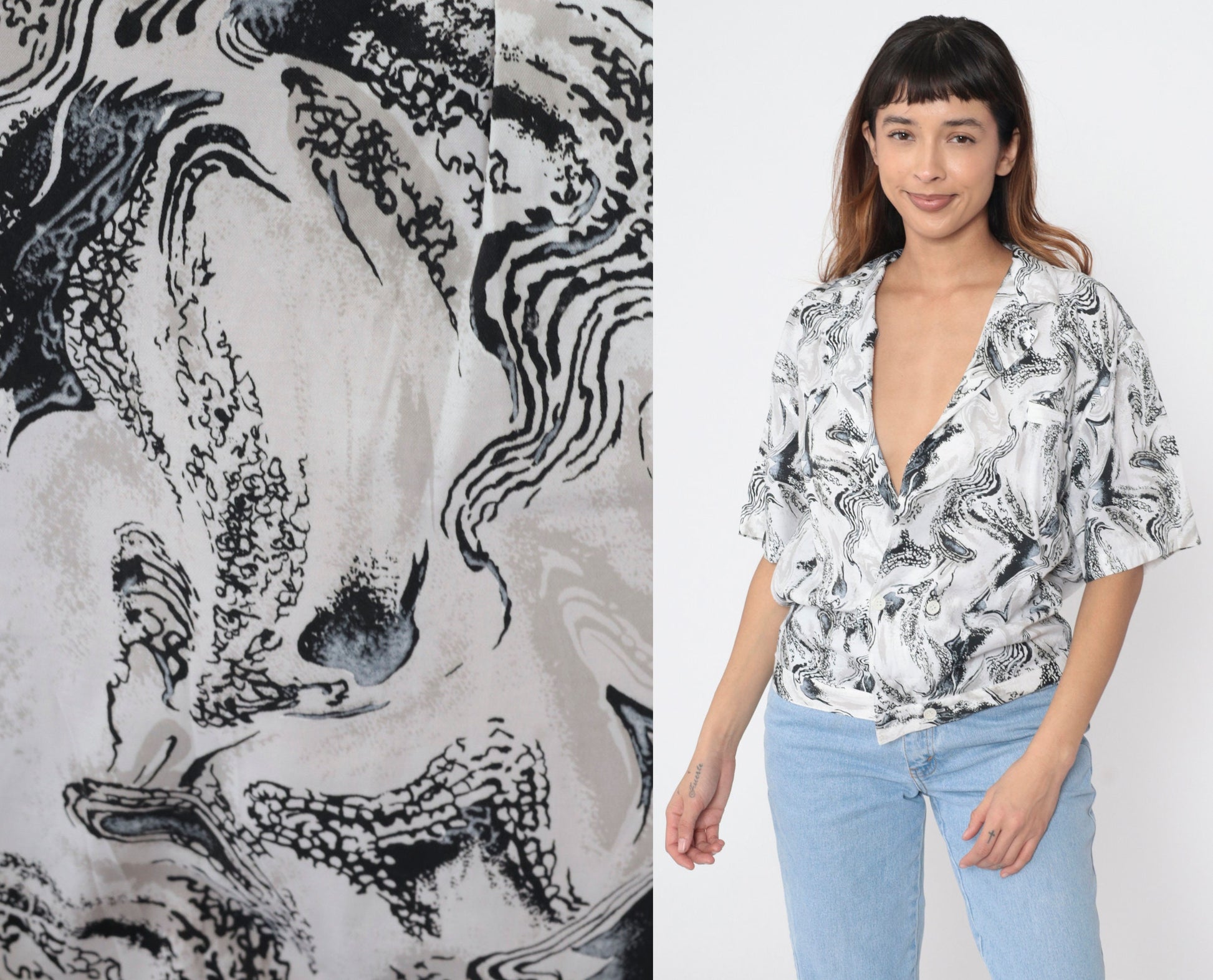90s Marbled Swirl Button-Up Blouse Black White Deep V-Neck Short Sleeve Medium M