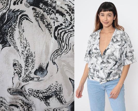 90s Marbled Swirl Button-Up Blouse Black White Deep V-Neck Short Sleeve Medium M