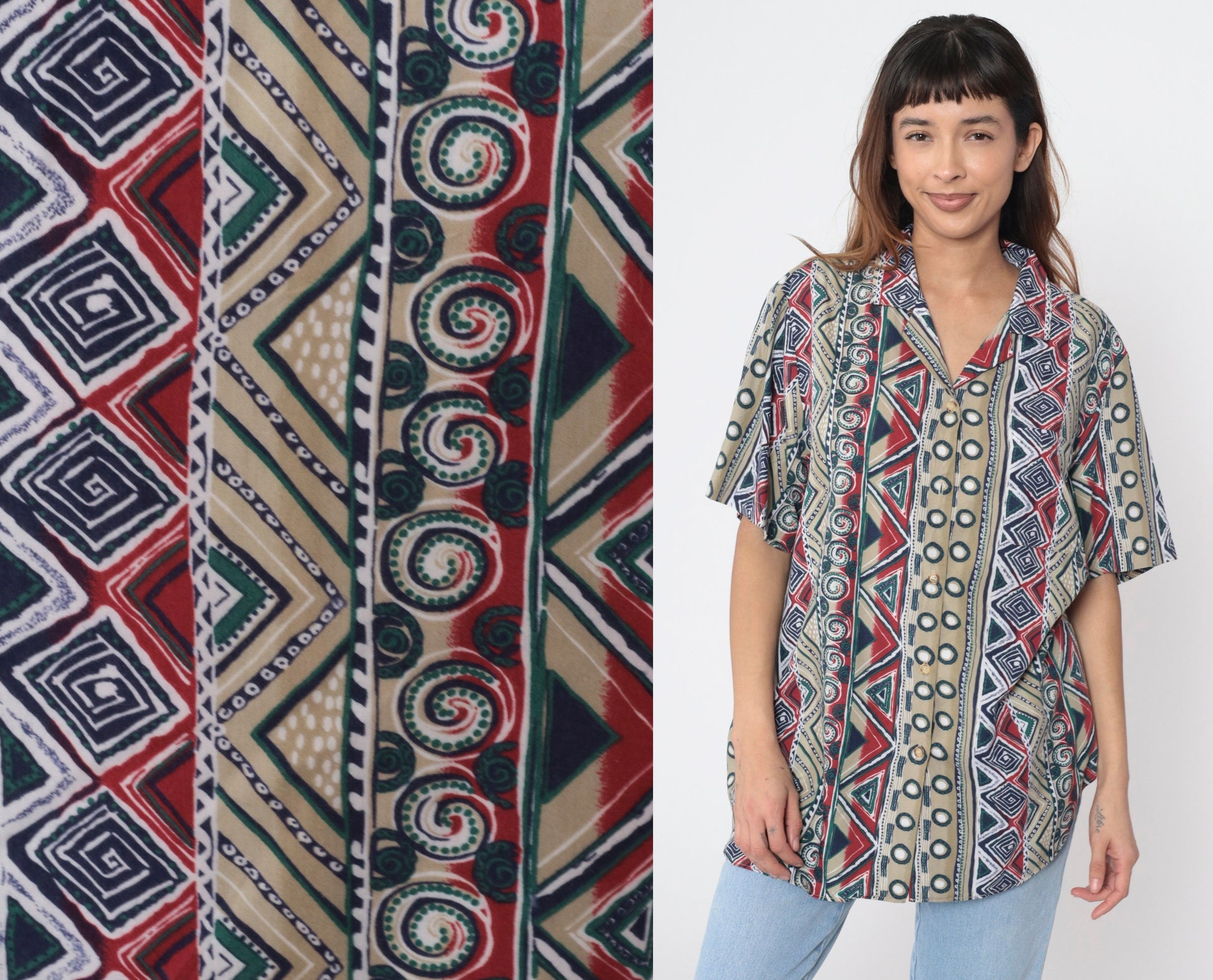 90s Southwestern Striped Button Up Blouse Geometric Print Green Red Beige Extra Large