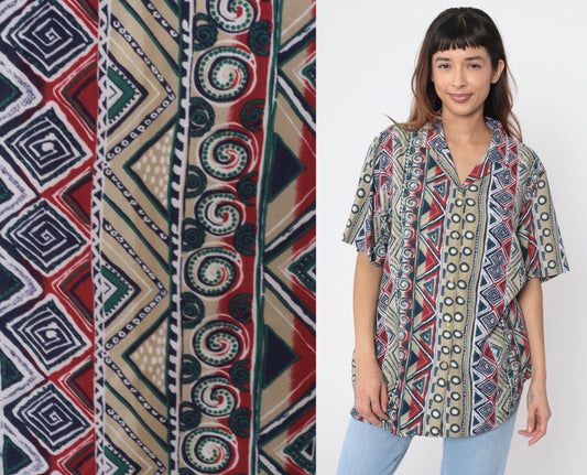 90s Southwestern Striped Button Up Blouse Geometric Print Green Red Beige Extra Large