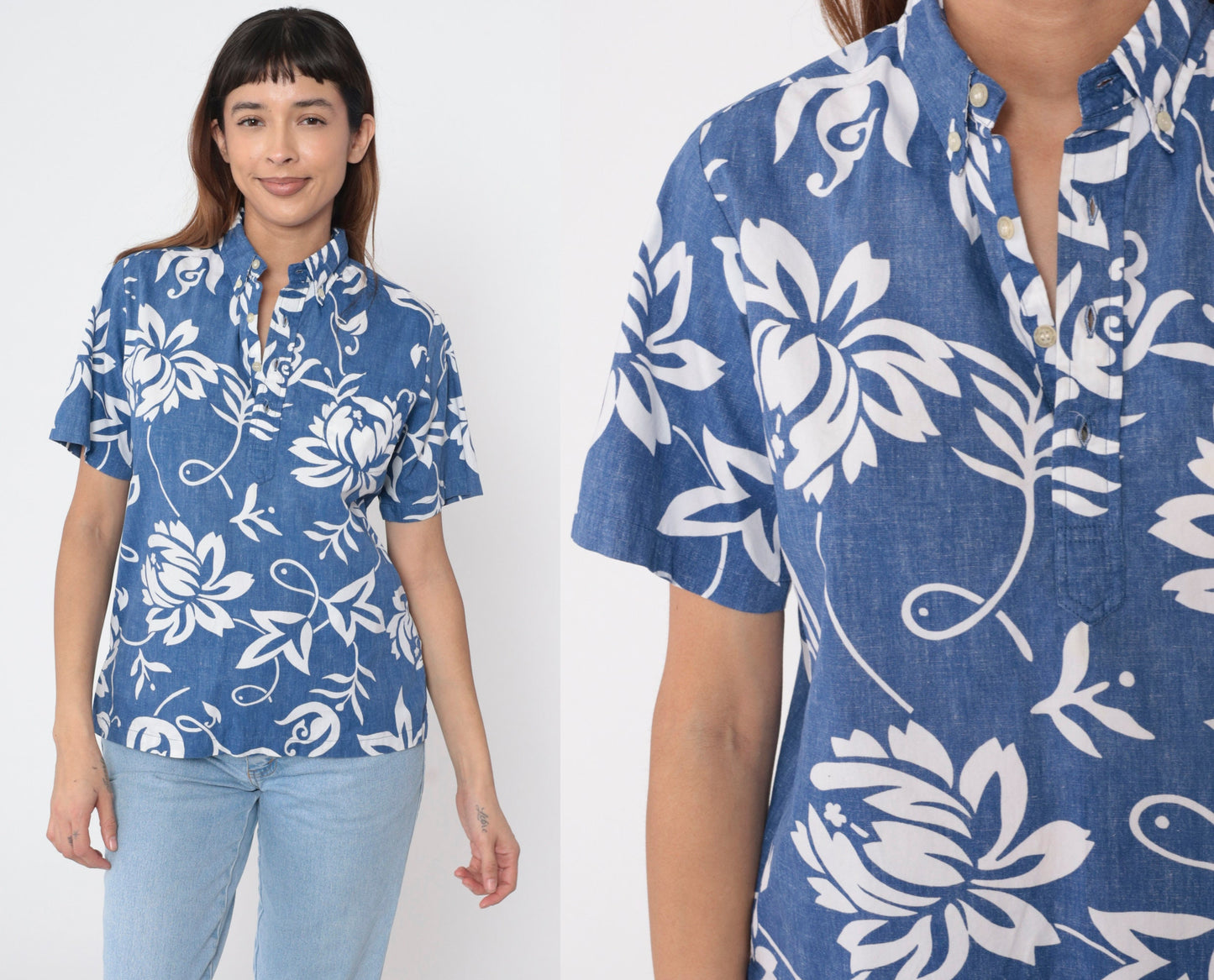 00s Blue Floral Tropical Cotton Button-Up Shirt Short Sleeve Extra Small