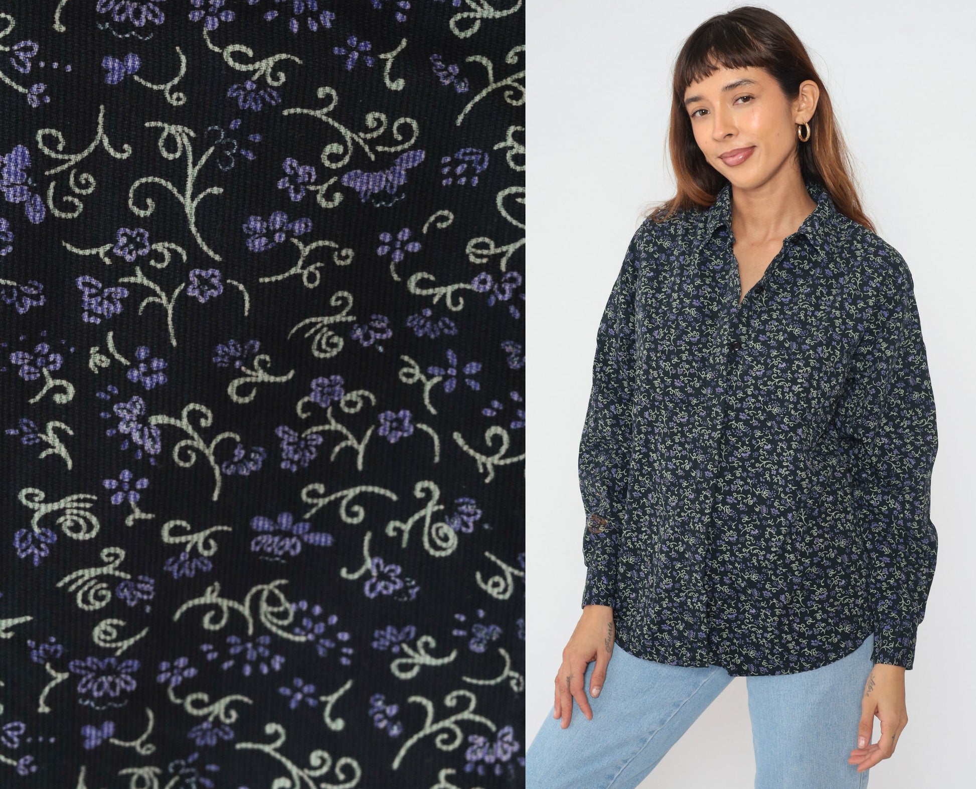 90s Black Corduroy Floral Button-Up Blouse Long Sleeve Collared Ditsy Print Large