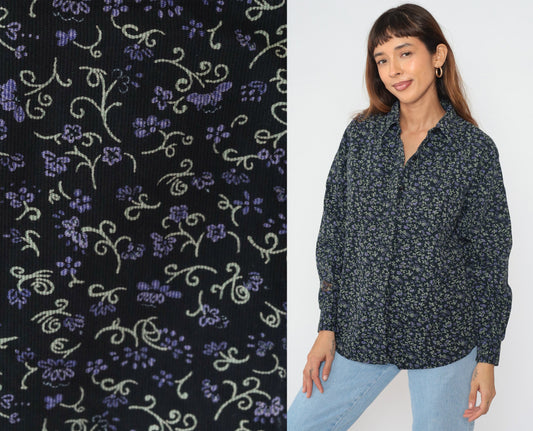 90s Black Corduroy Floral Button-Up Blouse Long Sleeve Collared Ditsy Print Large
