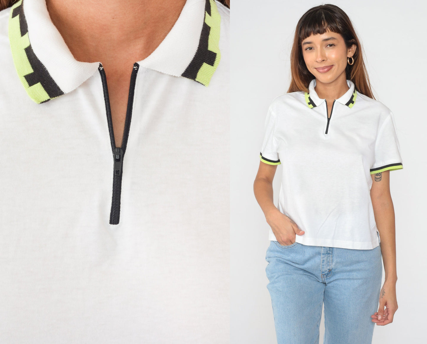 90s Lily's of Beverly Hills Half-Zip Polo White Striped Ringer Medium M