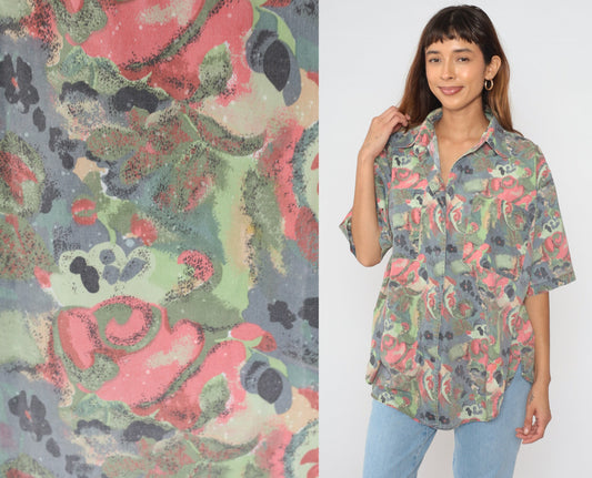 90s Abstract Floral Button-Up Blouse Plus Size Grey Pink Green Short Sleeve XXL