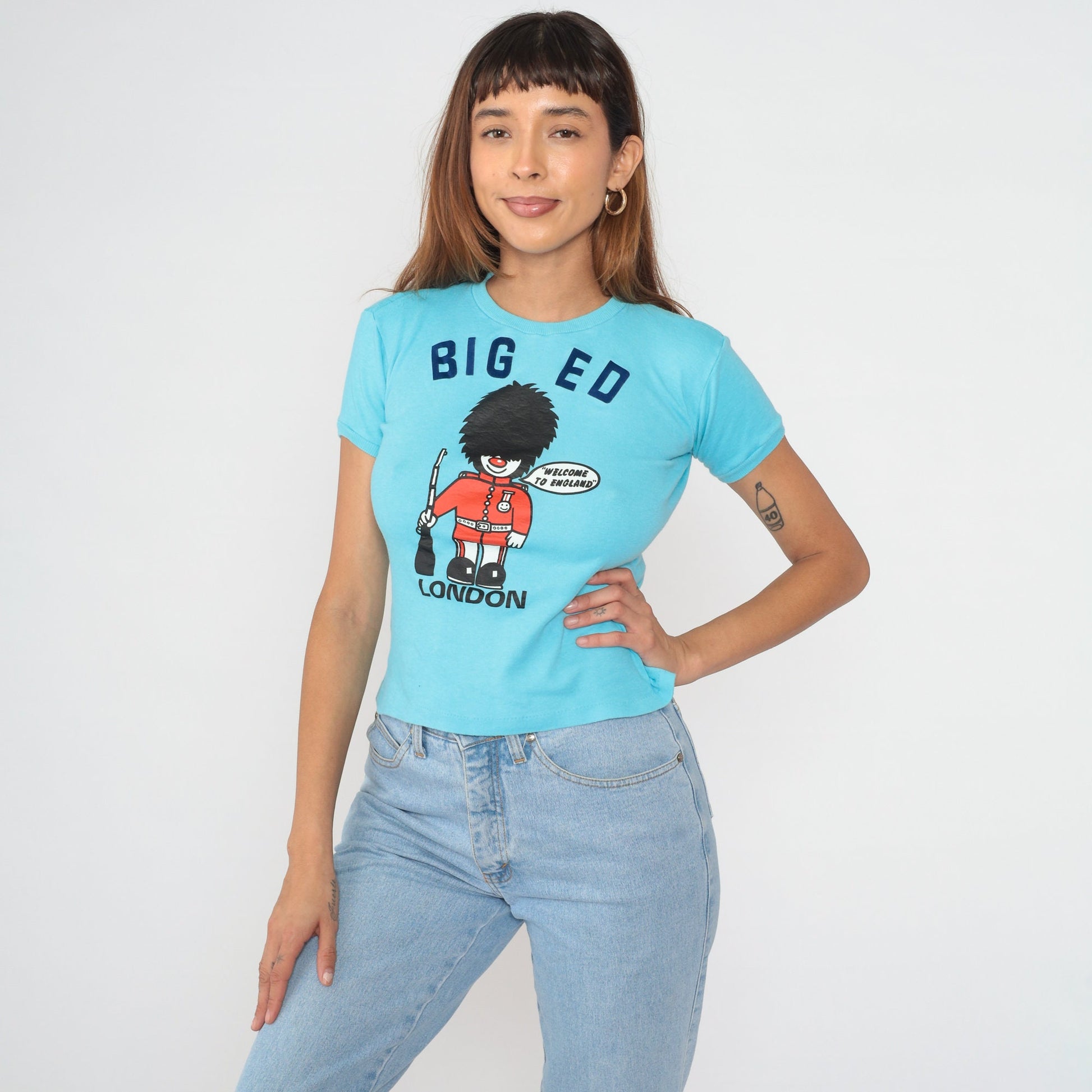 80s London King's Guard Big Ed Graphic Baby Tee Blue Cotton Small S