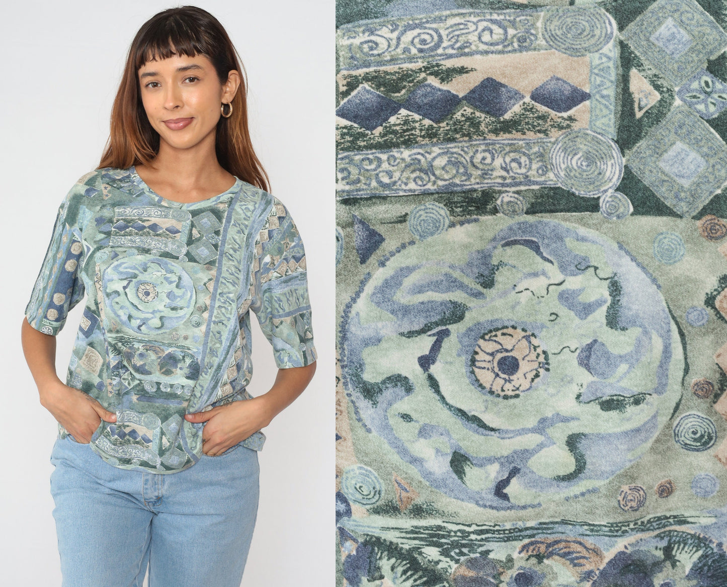 90s Abstract Geometric Diamond Medallion Print T-Shirt Medium