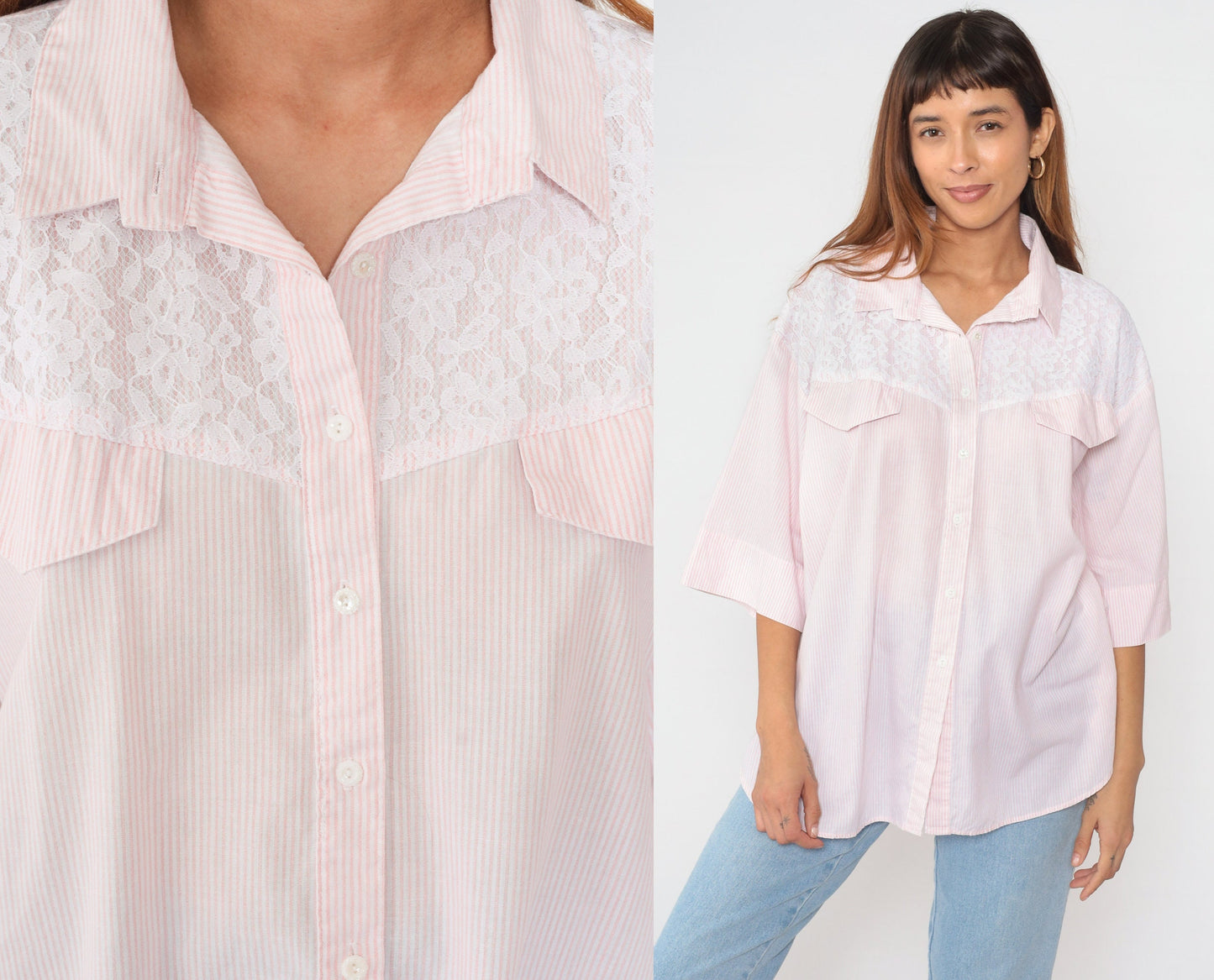 90s Pink White Striped Button-Up Blouse Lace Yoke Half Sleeve Extra Extra Large XXL