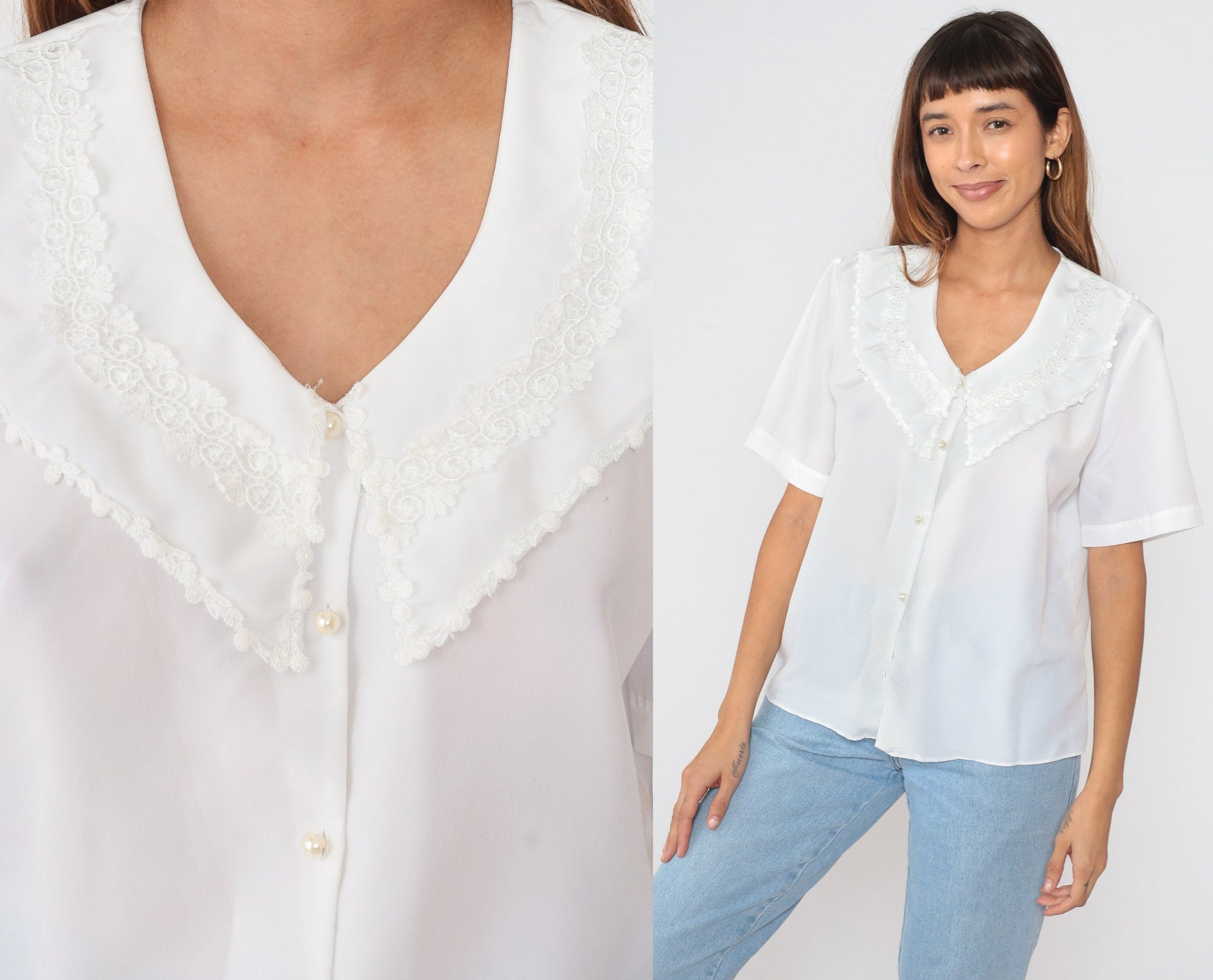 90s White Floral Bertha Collar Blouse Button-Up Short Sleeve Medium