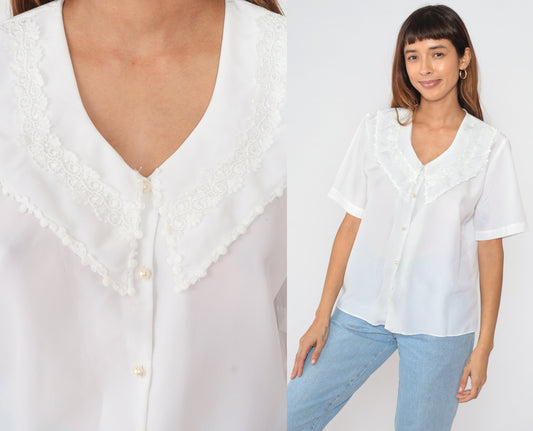 90s White Floral Bertha Collar Blouse Button-Up Short Sleeve Medium