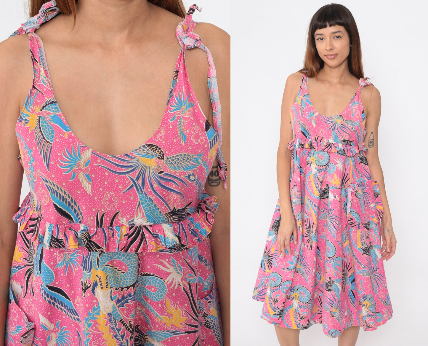 80s Dragon Phoenix Bird Print Pink Midi Sundress Empire Waist Small