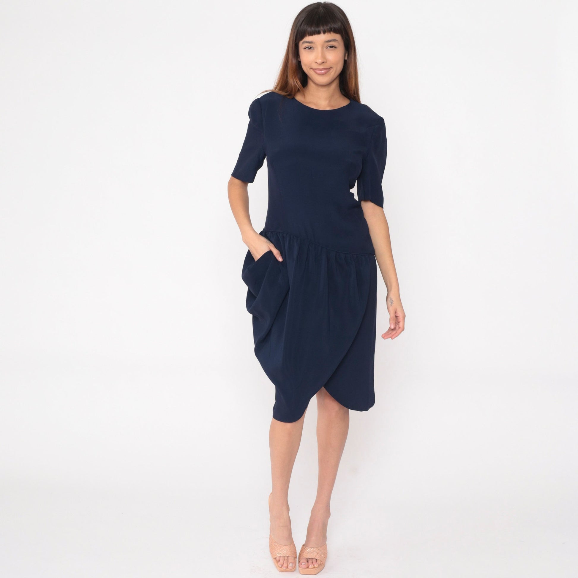 90s Navy Tulip Midi Dress Asymmetrical Drop Waist Gathered Pocket Medium 8