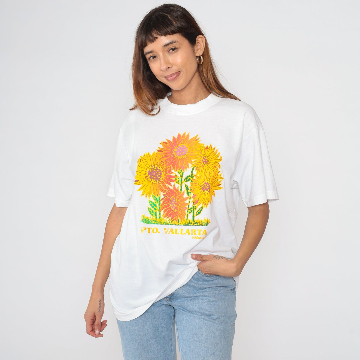90s Puerto Vallarta Mexico Sunflower Graphic T-Shirt White Extra Large
