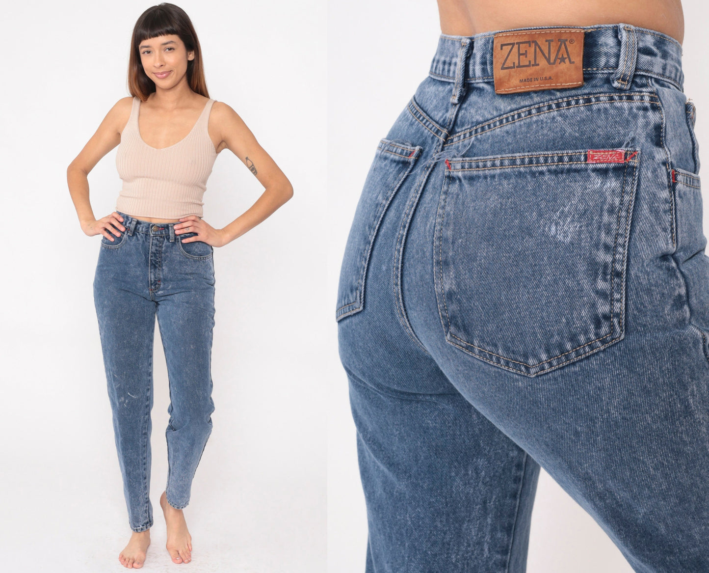 90s Zena Acid Wash High-Waist Tapered Jeans Blue Denim Small 26