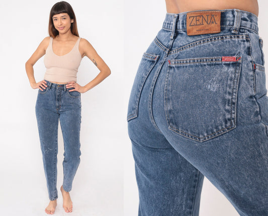 90s Zena Acid Wash High-Waist Tapered Jeans Blue Denim Small 26