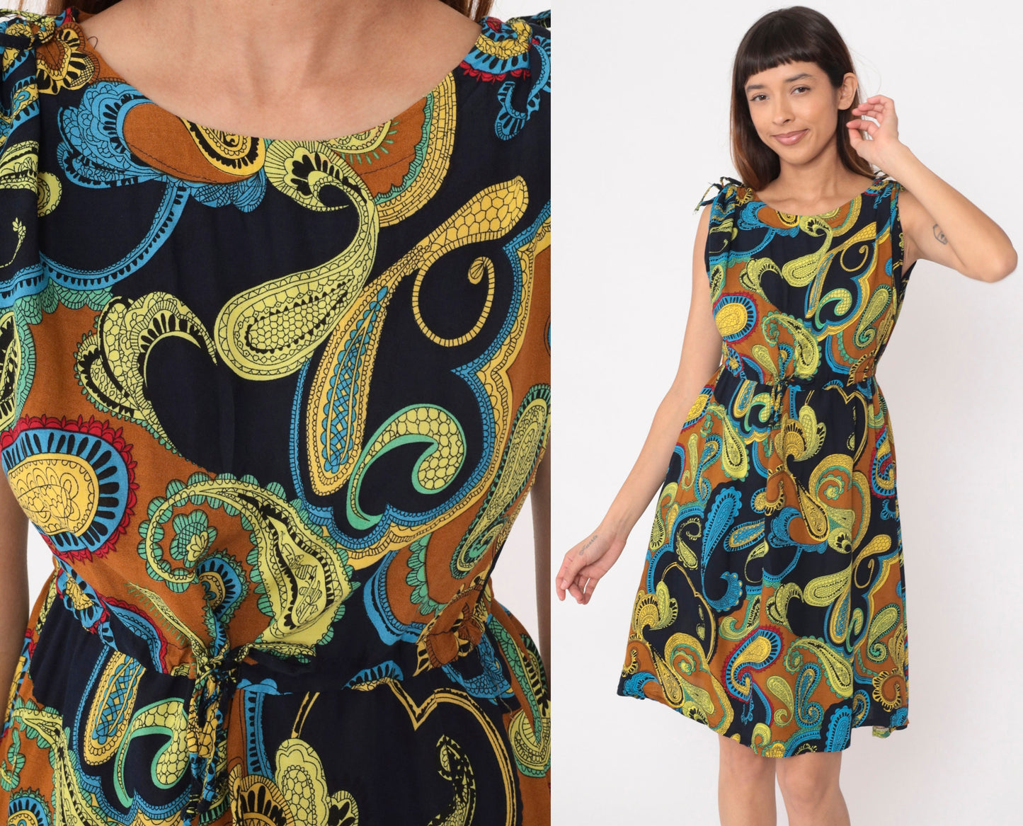 Y2K Paisley Sundress Drawstring Waist Sleeveless Shoulder Tie Black Yellow Medium