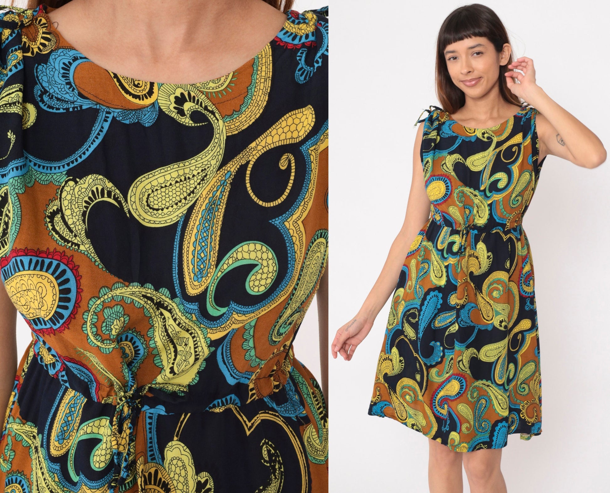 Y2K Paisley Sundress Drawstring Waist Sleeveless Shoulder Tie Black Yellow Medium