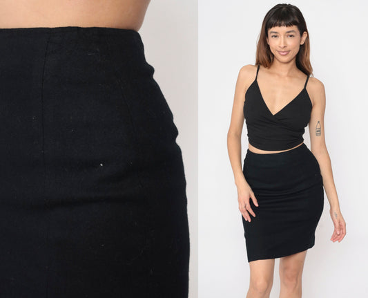 90s Black Wool Mini Pencil Skirt High Waist Rear Zip Extra Small XS
