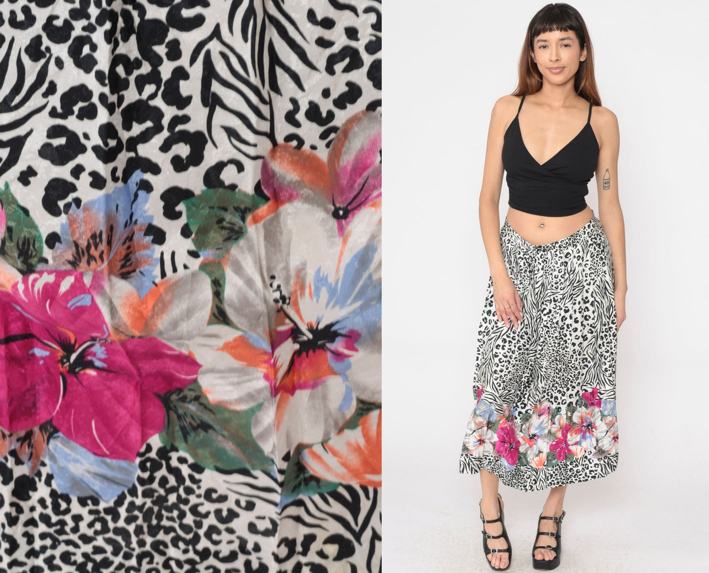 80s Leopard Zebra Floral Embossed Pleated Midi Skirt High Waist Black White Large
