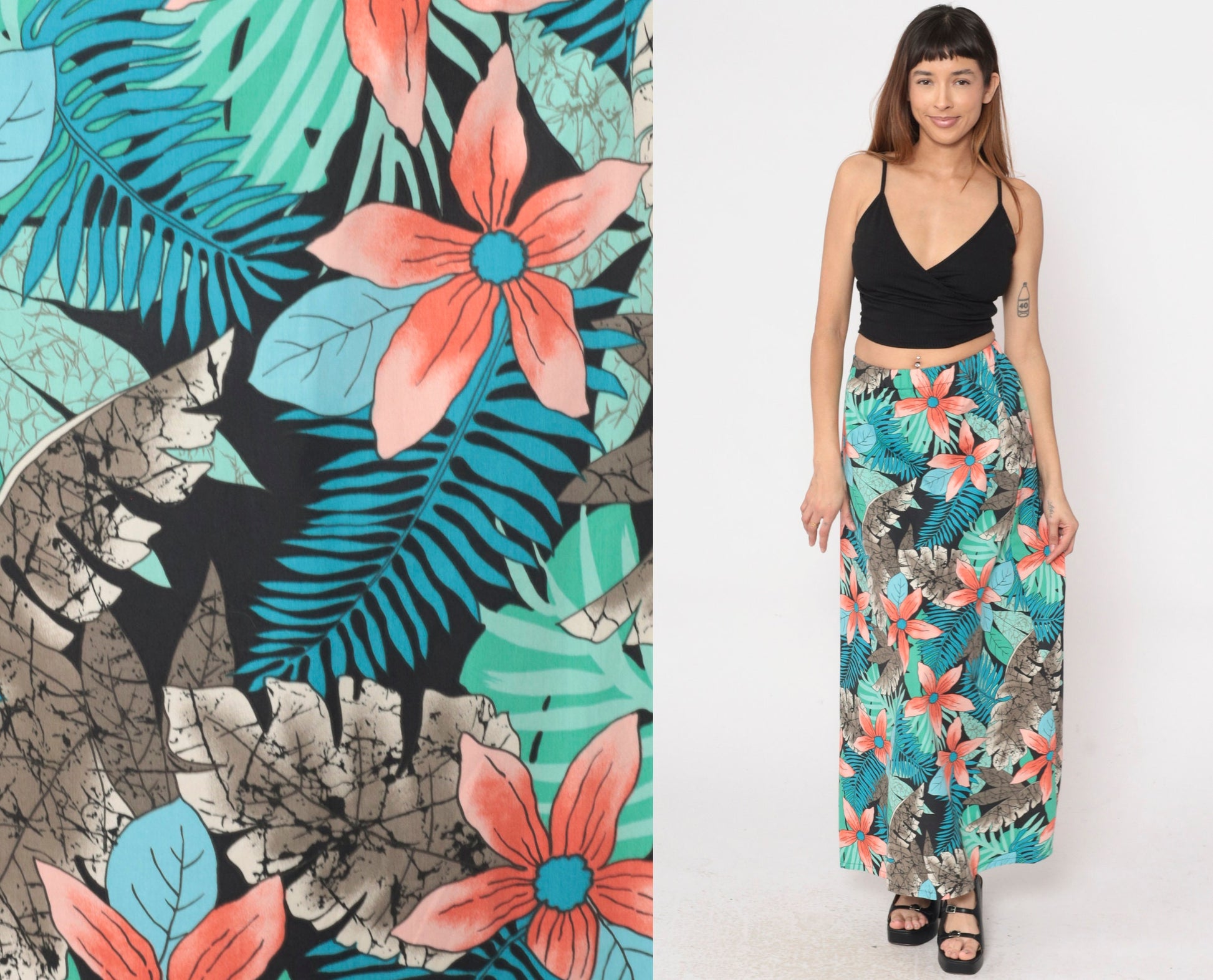 80s Tropical Floral Maxi Skirt High Waist Fern Print Blue Green Orange Small