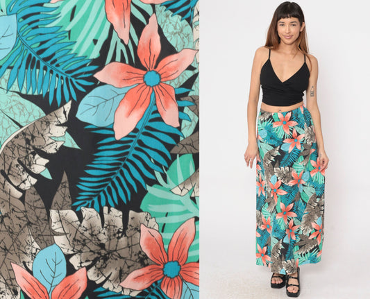 80s Tropical Floral Maxi Skirt High Waist Fern Print Blue Green Orange Small