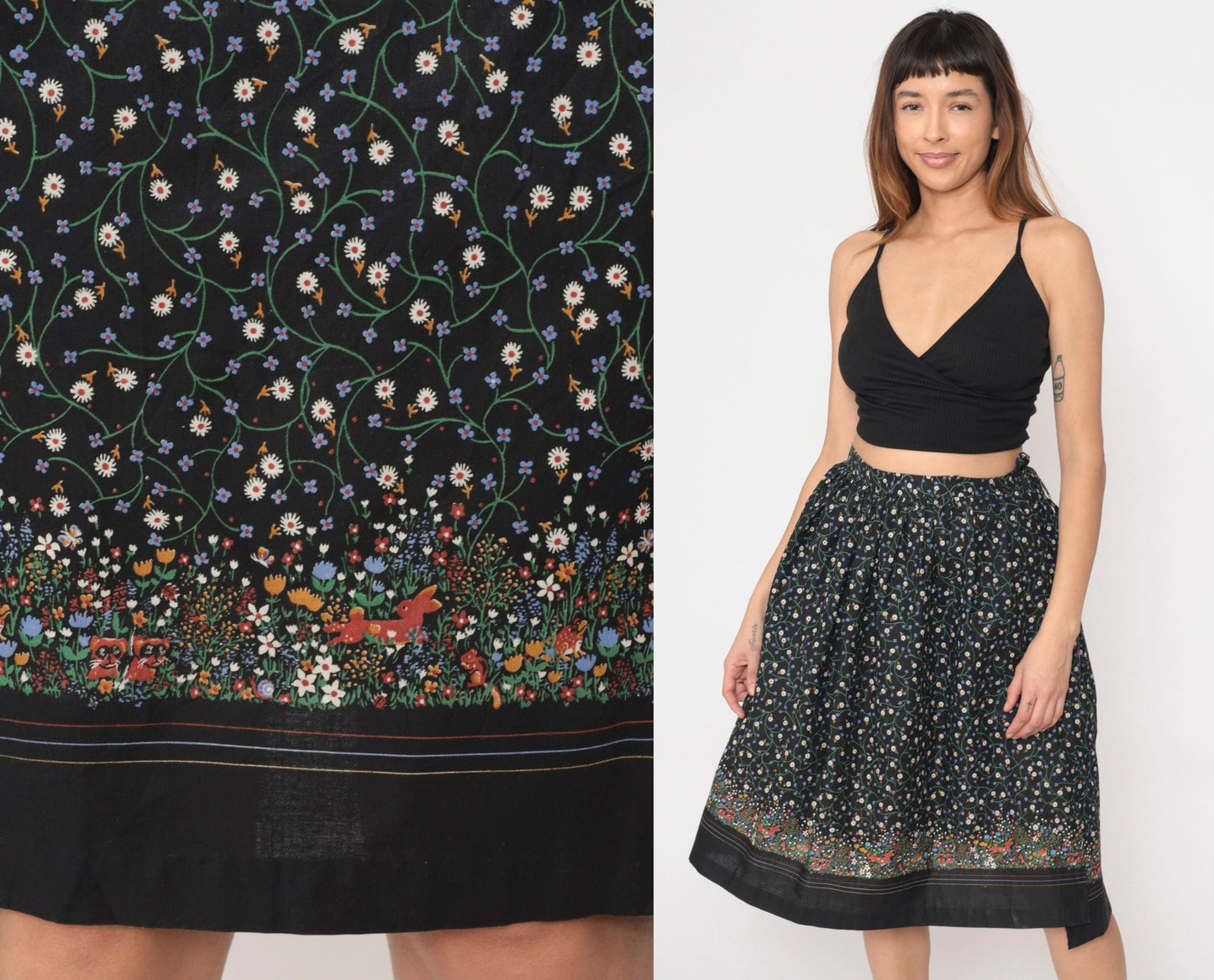 80s Black Floral Animal Print Wrap Skirt Ditsy Bunny Squirrel Raccoon Extra Small