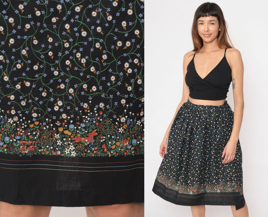 80s Black Floral Animal Print Wrap Skirt Ditsy Bunny Squirrel Raccoon Extra Small