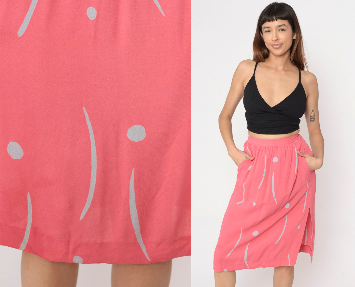 80s Uri Bloch Prive Pink Dot Line Print Midi Skirt High Waist Pockets Extra Small