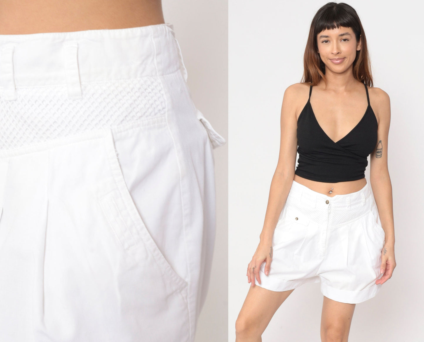 90s White Pleated High-Waist Shorts Fishnet Trim Cotton Medium