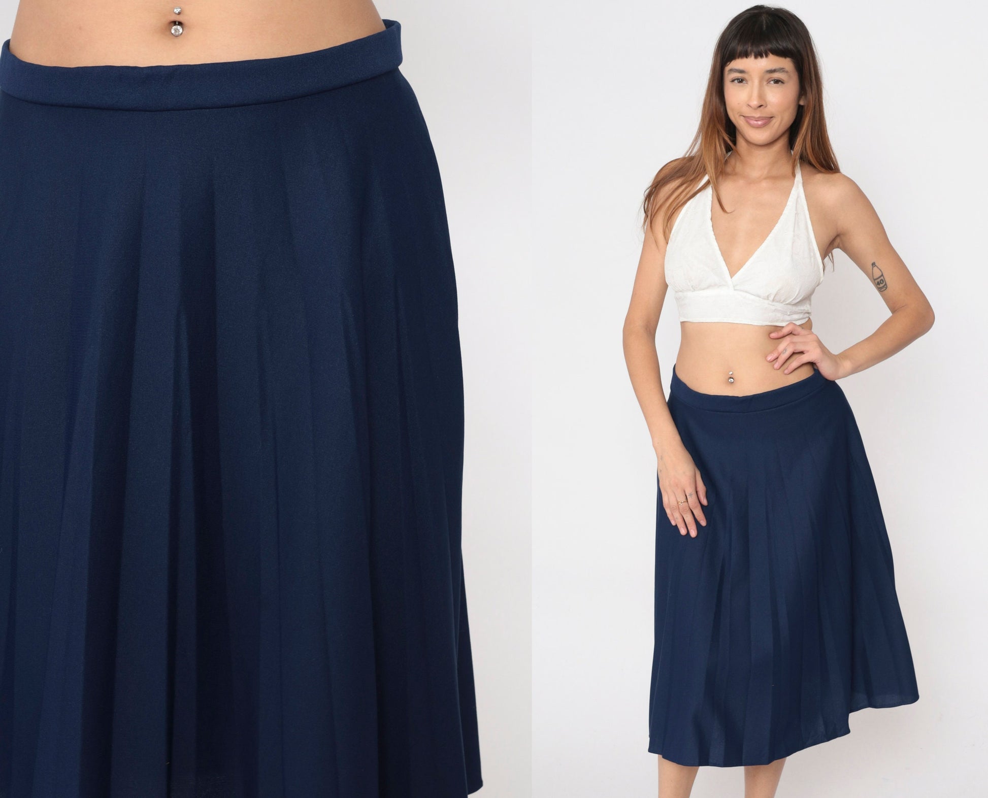80s Navy Pleated Skirt High Waist Knee Length A-Line Large 14